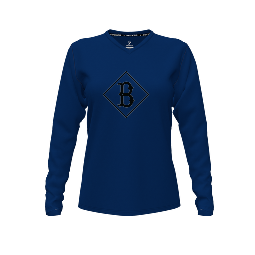 [CUS-DFW-TEES-CMF-VNK-LSL-NVY-FYXS-LOGO3] Decker Comfort T-Shirt (Female Youth XS, Navy, V Neck, Logo 3, Long Sleeve)
