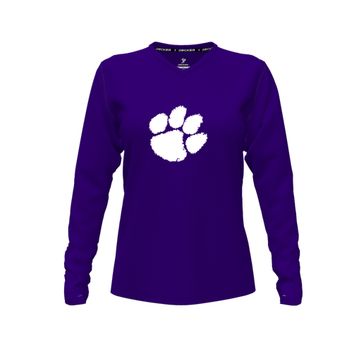[CUS-DFW-TEES-CMF-VNK-LSL-PUR-FYXS-LOGO2] Decker Comfort T-Shirt (Female Youth XS, Purple, V Neck, Logo 2, Long Sleeve)