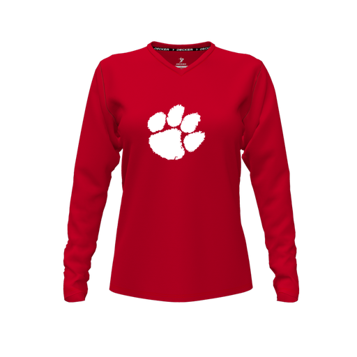[CUS-DFW-TEES-PER-VNK-LSL-RED-FYXS-LOGO2] Performance T-Shirt (Female Youth XS, Red, V Neck, Logo 2, Long Sleeve)
