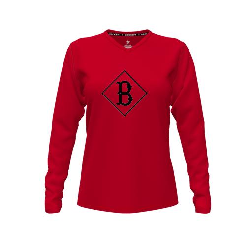 [CUS-DFW-TEES-PER-VNK-LSL-RED-FYXS-LOGO3] Decker Performance T-Shirt (Female Youth XS, Red, V Neck, Logo 3, Long Sleeve)